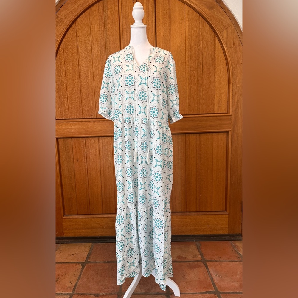 Made with Love NWT large white with geometric designs boho tier maxi dress